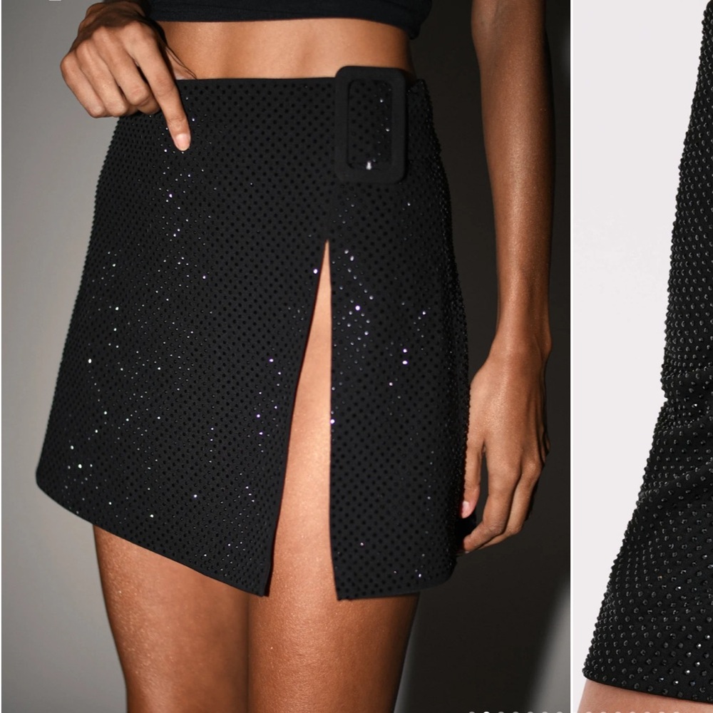 Sacha Diamante Mini Skirt With Split - Black